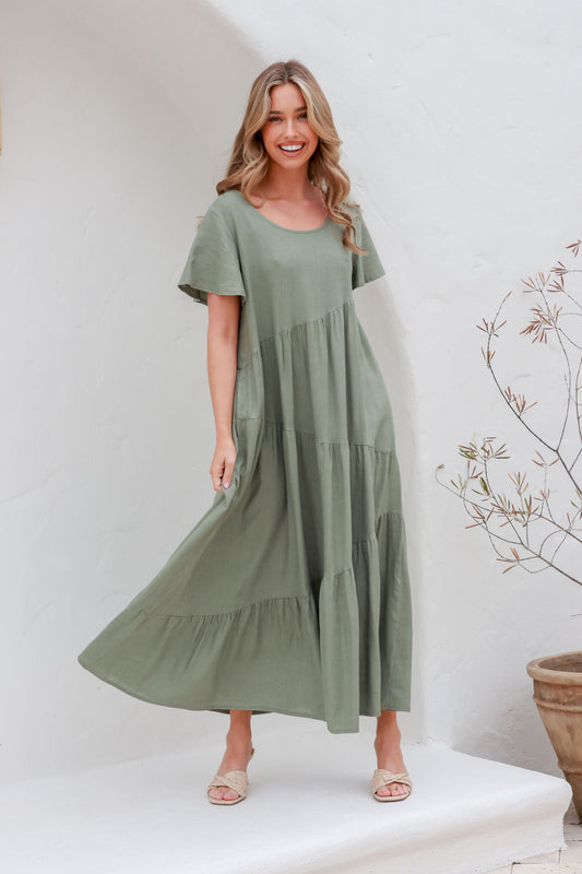 maxi dress, dress, summer dress, spring outfit, khaki, khaki dress, khaki maxi dress, linen dress, linen maxi dress, pregnancy friendly dress, comfortable dress, casual maxi dress